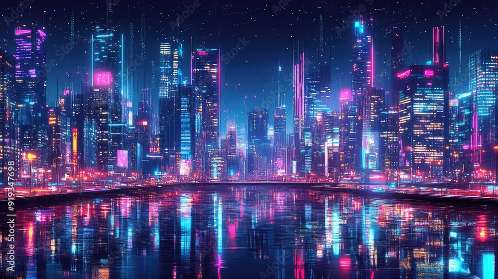Big city night scene in cyberpunk style, futuristic nostalgia 80s, 90s. Neon lights vivid colors, photorealistic horizontal illustration. Ai generation Big city night scene in cyberpunk style, futuristic nostalgia 80s, 90s. Neon lights vivid colors, photorealistic horizontal illustration. Ai generation