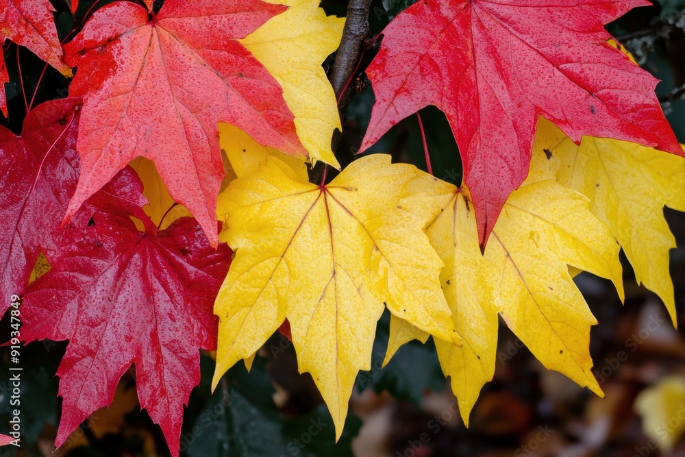 Vibrant autumn leaves drenched in rainwater Vibrant autumn leaves drenched in rainwater