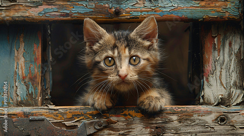 It's a small, striped kitten with green eyes, photo