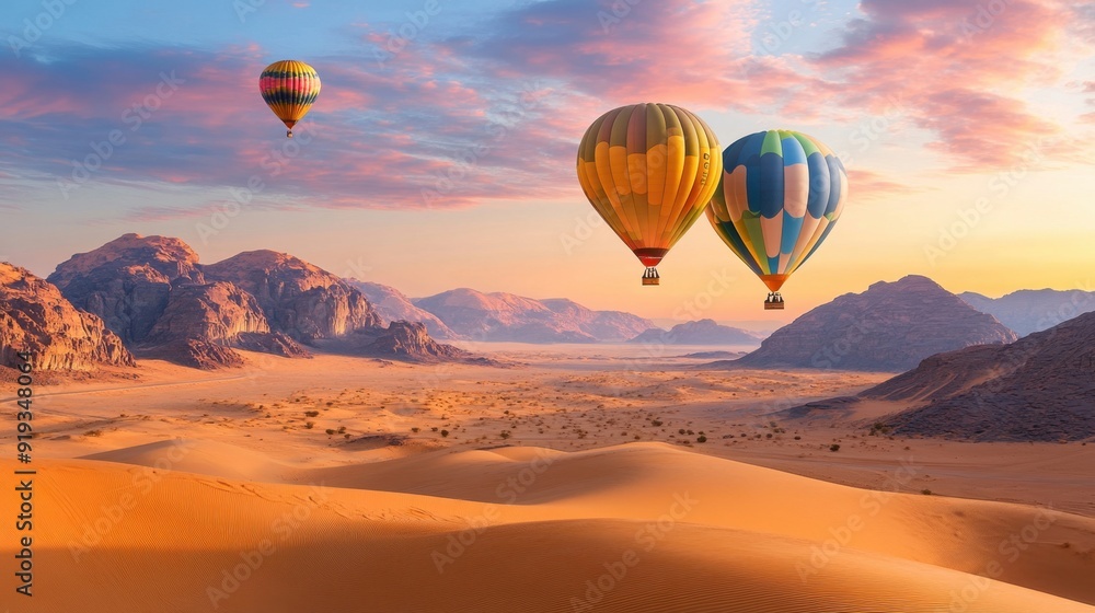 Hot air balloons floating over a vast desert at sunrise, with the sky painted in shades of pink and orange Hot air balloons floating over a vast desert at sunrise, with the sky painted in shades of pink and orange