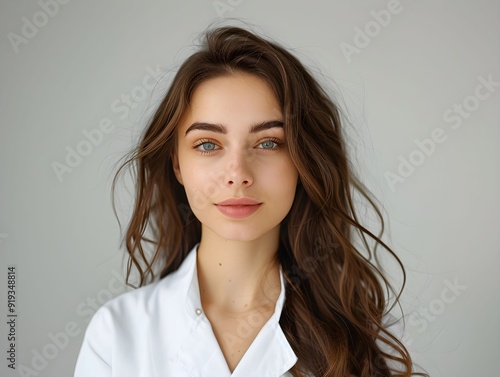 Young woman with long hair wearing a white lab coat poses confidently against a neutral background in a well-lit indoor setting