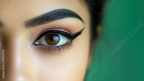 Close-up of a woman's eye with brown eyes and eyeliner, featuring a sharp focus on the eyelashes.