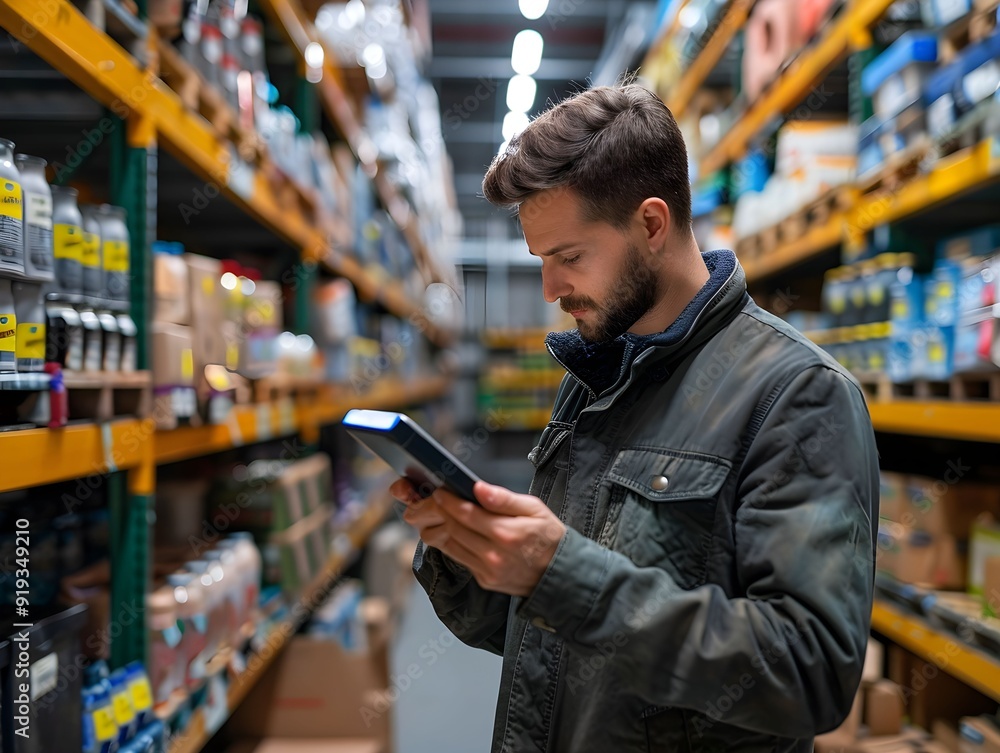 Man checking inventory in a warehouse aisle filled with supplies during daytime Man checking inventory in a warehouse aisle filled with supplies during daytime