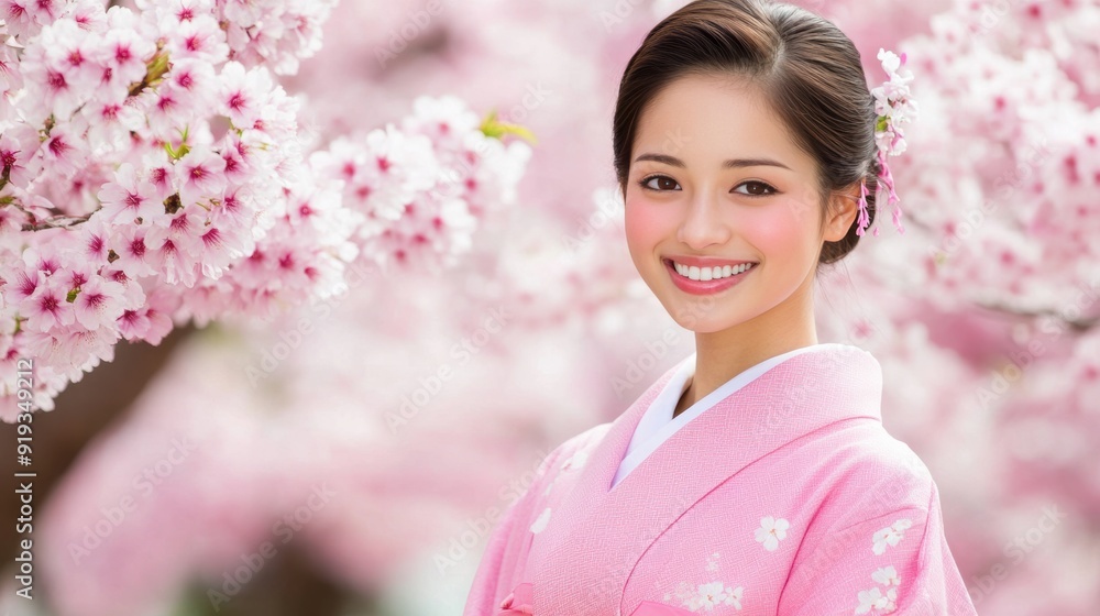 Smiling woman in traditional pink kimono with cherry blossoms Smiling woman in traditional pink kimono with cherry blossoms