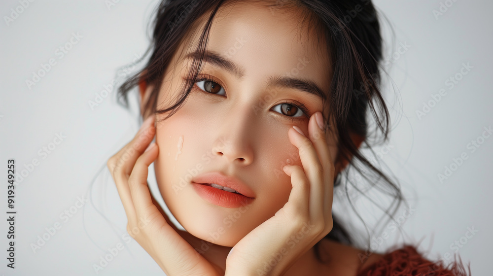asian woman posing for a beauty advertising, touching face, studio photography, white background asian woman posing for a beauty advertising, touching face, studio photography, white background