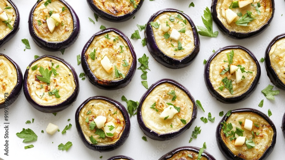 Roasted eggplant slices topped with garlic and fresh coriander arranged beautifully on a sheet pan, showcasing vibrant colors against a light background Roasted eggplant slices topped with garlic and fresh coriander arranged beautifully on a sheet pan, showcasing vibrant colors against a light background