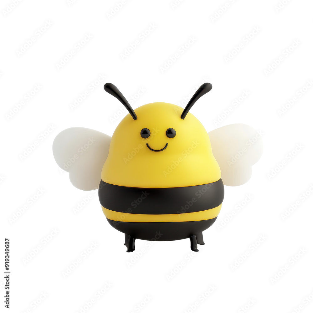 A cute, smiling bee figure with yellow and black stripes, ideal for children's toys or playful illustrations. A cute, smiling bee figure with yellow and black stripes, ideal for children's toys or playful illustrations.