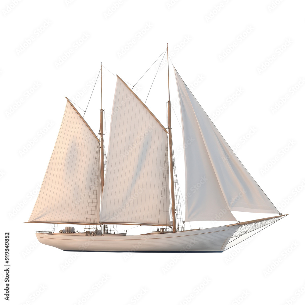 Obraz premium A detailed view of a classic sailboat with white sails, perfect for maritime themes, sailing events, and oceanic adventures.
