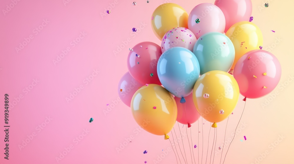 Fototapeta premium Rainbow and colorful balloons. Birthday party 3d background. Mockup, template for greeting card. Ai generation