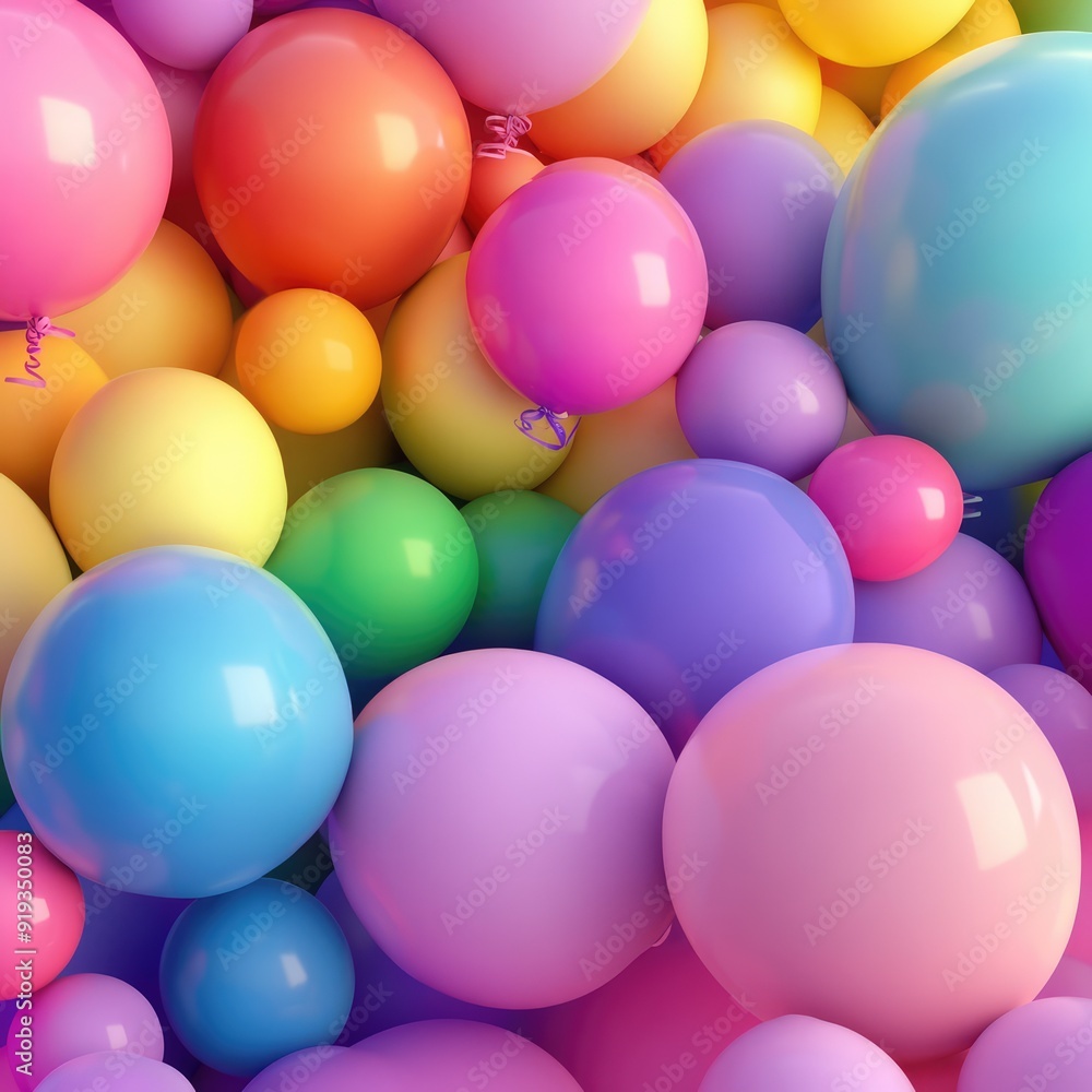 Rainbow and colorful balloons. Birthday party 3d background. Mockup, template for greeting card. Ai generation Rainbow and colorful balloons. Birthday party 3d background. Mockup, template for greeting card. Ai generation