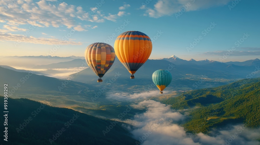 Obraz premium Hot air balloons soaring above a stunning mountain range at dawn, with misty valleys below