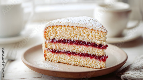 A slice of Victoria Sponge cake on a clay plate, placed on a white wooden table, soft daylight filtering through a window, detailed texture of the sponge and jam, inviting and elegant atmosphere photo