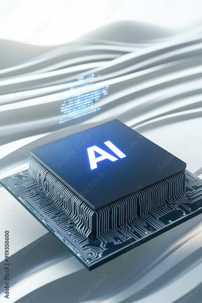 Glowing AI chip in abstract circuit landscape, future tech. Glowing AI chip in abstract circuit landscape, future tech.