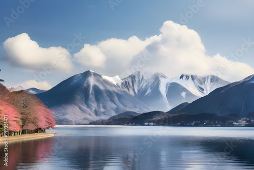 Lake Chuzenji and Mt.Nantai in Nikko, Japan Generative AI photo