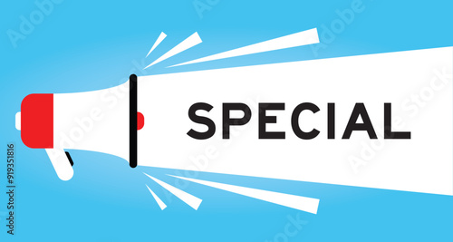 Color megaphone icon with word special in white banner on blue background