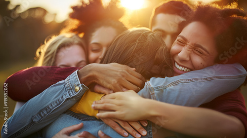 Human Solidarity banner of happy friend group hug ai generative
