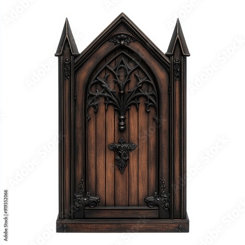 Gothic style armoire featuring pointed arches and intricate iron accents