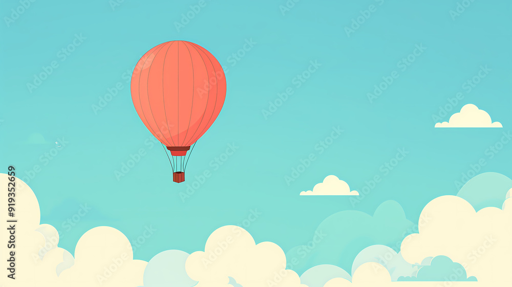 Fototapeta premium Hot Air Balloon in the Sky with Clouds, with Copy Space, Flat Color Design