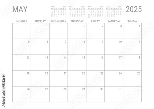 May Calendar 2025 Monthly Planner Printable A4 Monday Start	