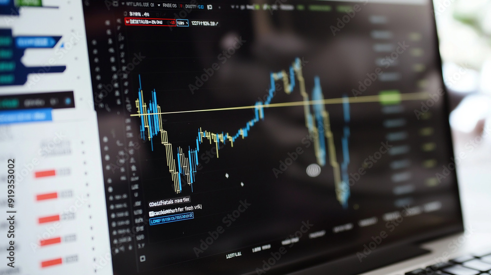 Stock market charts and graphs on digital display screen Stock market charts and graphs on digital display screen