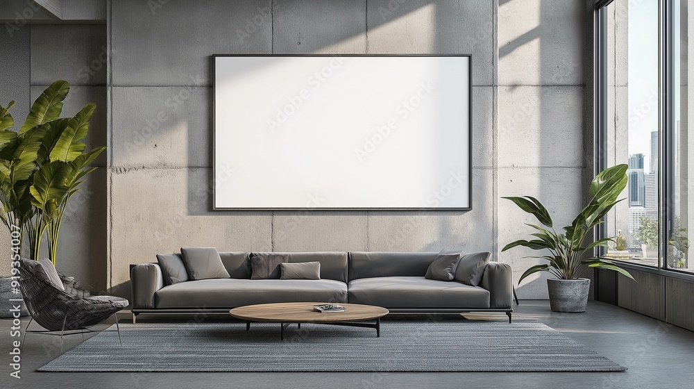 A sofa and a blank banner hanging on the wall define this modern minimalist living room.
A sofa and a blank banner hanging on the wall define this modern minimalist living room.