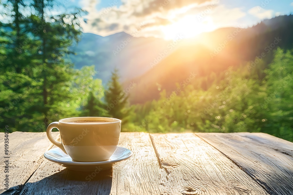 A cup of coffee sits on a wooden table overlooking a mountain range with a vibrant sunrise in the background. A cup of coffee sits on a wooden table overlooking a mountain range with a vibrant sunrise in the background.