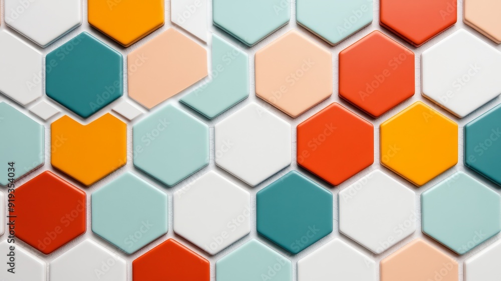 Colorful hexagon mosaic, random arrangement, playful and vibrant Colorful hexagon mosaic, random arrangement, playful and vibrant