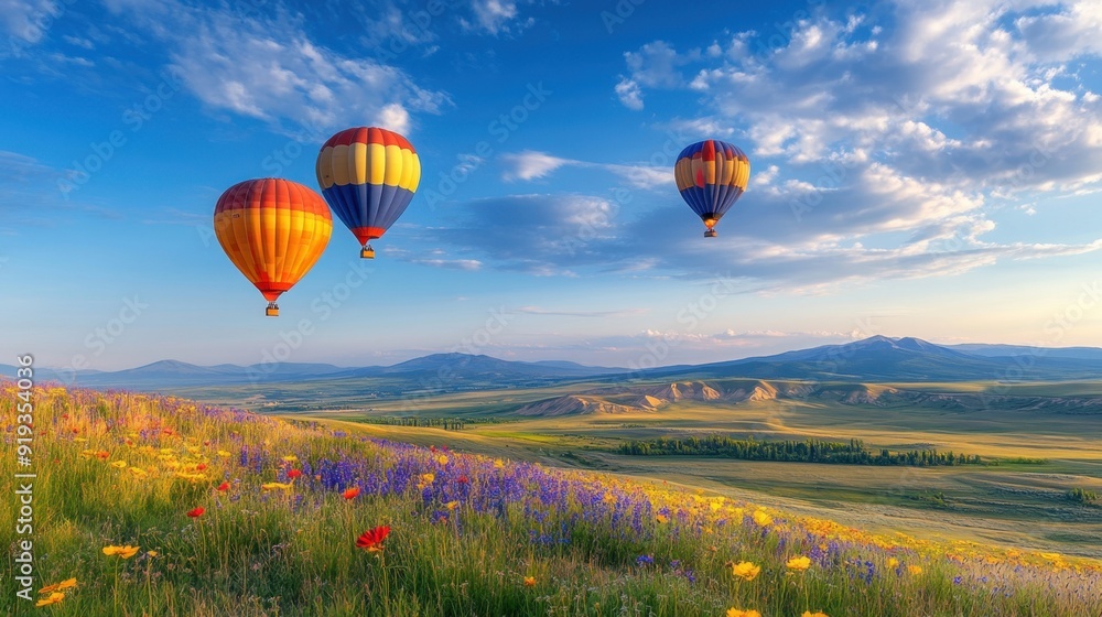 Obraz premium Hot air balloons above a colorful field of wildflowers, with the blooms creating a patchwork of colors