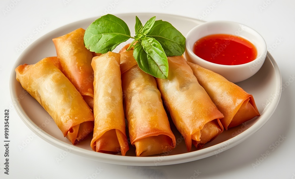 A plate of spring rolls with sauce on a white background, in a high resolution photographic style, stock photo for advertising design, A plate of spring rolls with sauce on a white background, in a high resolution photographic style, stock photo for advertising design,