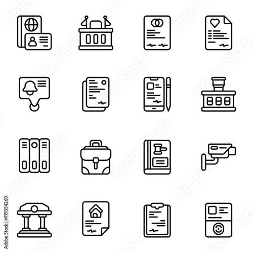 Legal Service icon set. Includes archive, cctv, contact, marriage, mortgage, and More. Outline icons vector collection.
