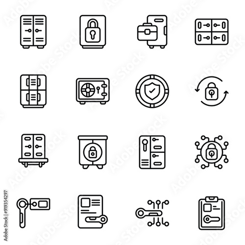Locker icon set. Includes business, changing room, furniture, lock, safe locker, and More. Outline icons vector collection.