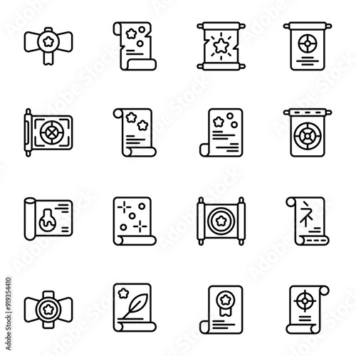 Magic Scroll icon set. Includes eye, magic spell, mystery, retro, reading, and More. Outline icons vector collection.