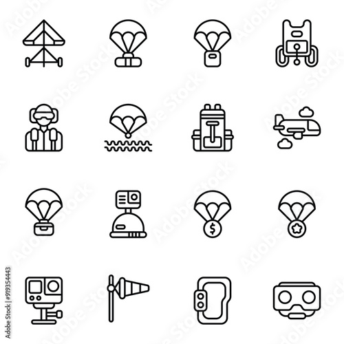 Parachuting icon set. Includes airplane, army, glasses, gliding, paraglider, and More. Outline icons vector collection.