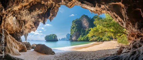 Fototapeta Naklejka Na Ścianę i Meble -  beautiful cave with view of beach and jungle in thailand, hyper realistic photography