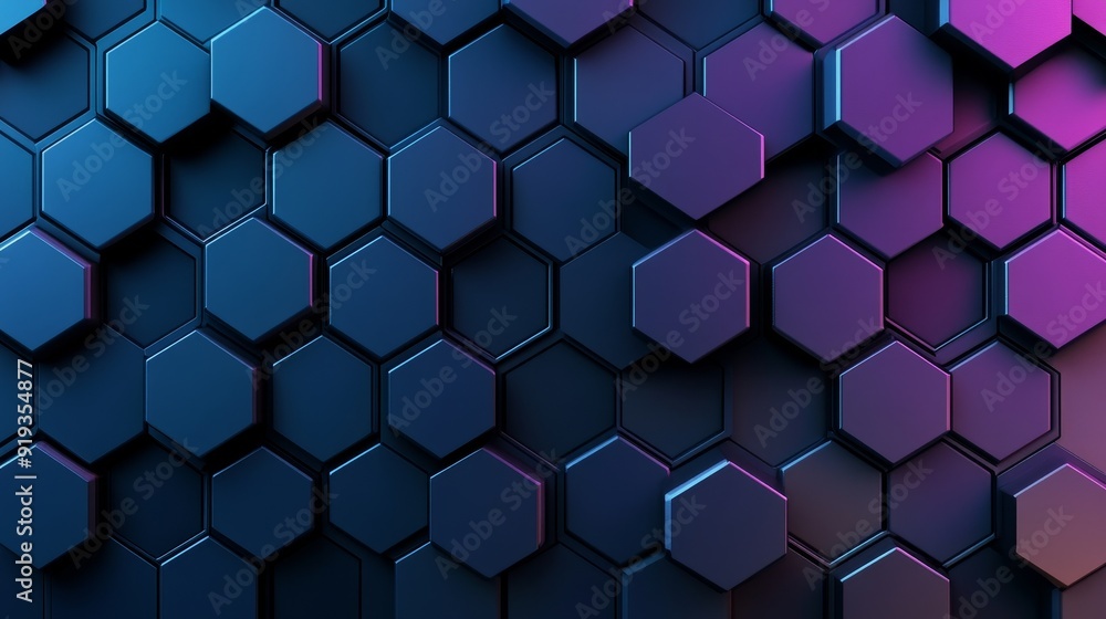 Dark and vibrant 3D hexagons, deep blue and purple color palette, with layered shadows, creating a sense of movement and depth Dark and vibrant 3D hexagons, deep blue and purple color palette, with layered shadows, creating a sense of movement and depth