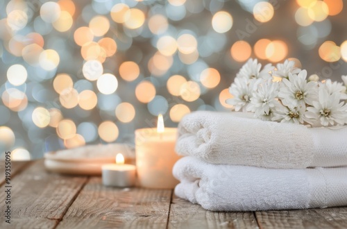 Relaxing Spa Setup With Towels and Candles Surrounded by Soft Lights