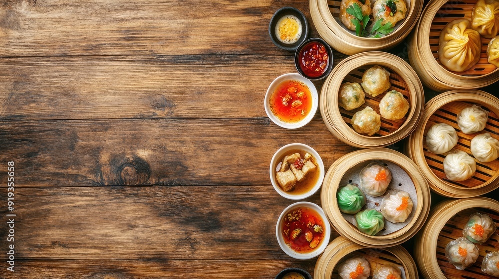 Traditional Chinese dim sum in bamboo steamers, with a colorful spread and copy space, ideal for restaurant menus and food advertisements. Traditional Chinese dim sum in bamboo steamers, with a colorful spread and copy space, ideal for restaurant menus and food advertisements.
