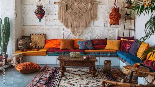 A bohemian-style lounge with colorful cushions, a macram?(C) wall hanging, and a low wooden table. photo