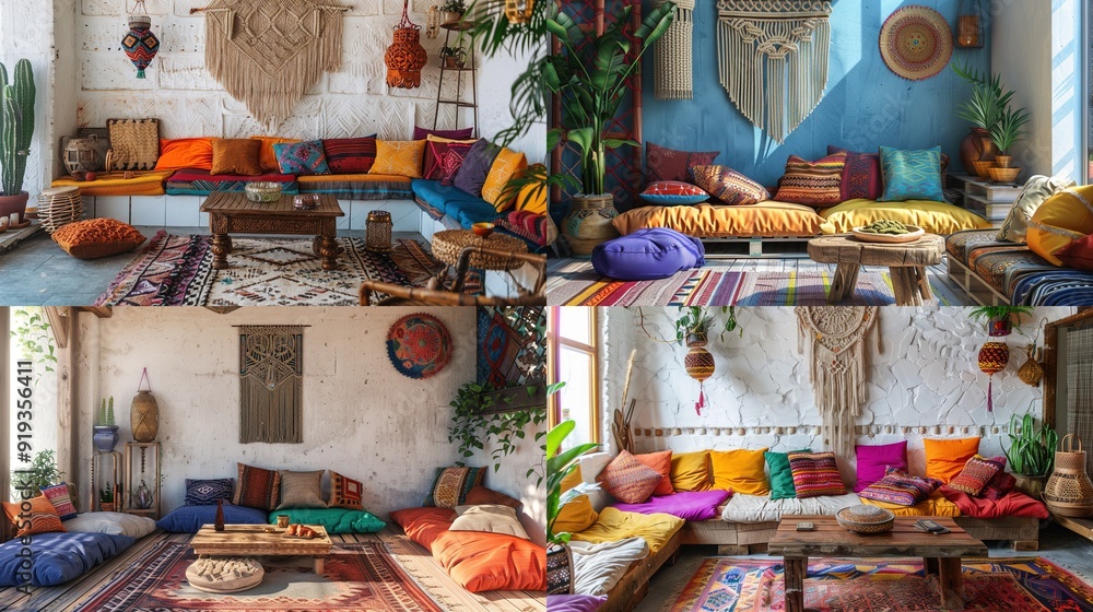 A bohemian-style lounge with colorful cushions, a macram?(C) wall hanging, and a low wooden table. A bohemian-style lounge with colorful cushions, a macram?(C) wall hanging, and a low wooden table.