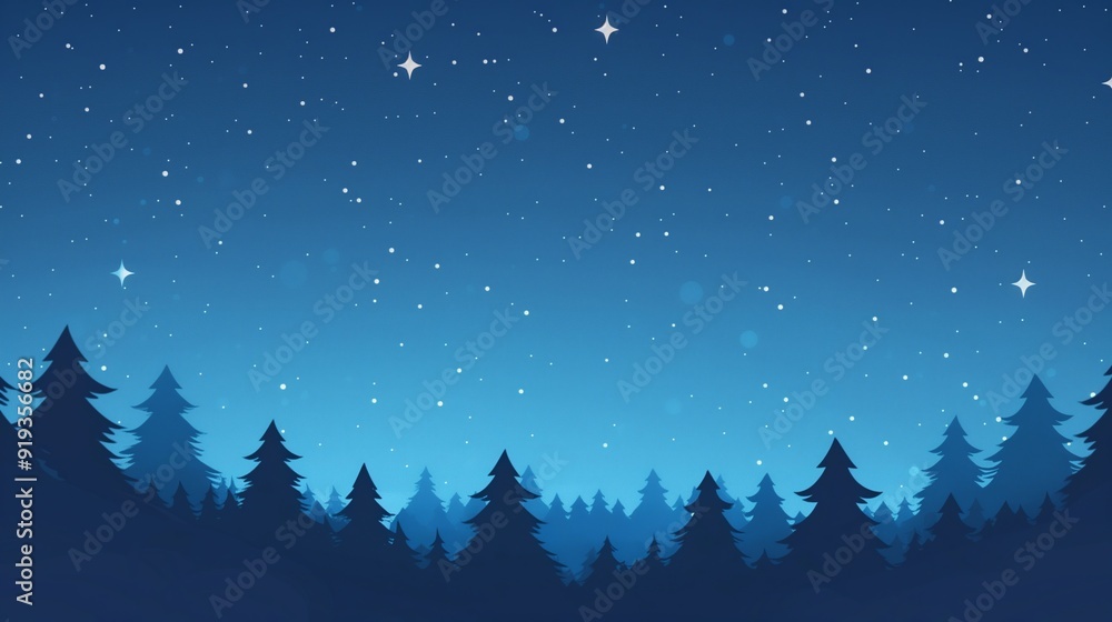 Winter Night Forest Scene with Starry Sky, Silhouetted Pine Trees, and Snowflakes in Blue Gradient Background Winter Night Forest Scene with Starry Sky, Silhouetted Pine Trees, and Snowflakes in Blue Gradient Background