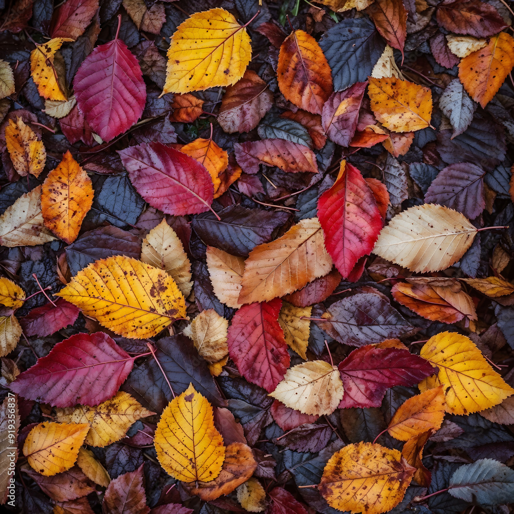 Close-up of colorful fall leaves scattered on the ground, showcasing detailed textures, warm natural light highlighting rich autumn colors, creating a tranquil and seasonal atmosphere Close-up of colorful fall leaves scattered on the ground, showcasing detailed textures, warm natural light highlighting rich autumn colors, creating a tranquil and seasonal atmosphere