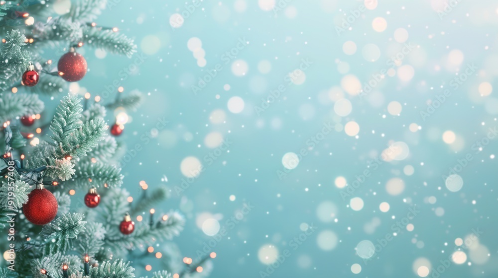 Beautiful Frosted Christmas Tree with Red Ornaments and Sparkling Lights on Blue Holiday Background Beautiful Frosted Christmas Tree with Red Ornaments and Sparkling Lights on Blue Holiday Background