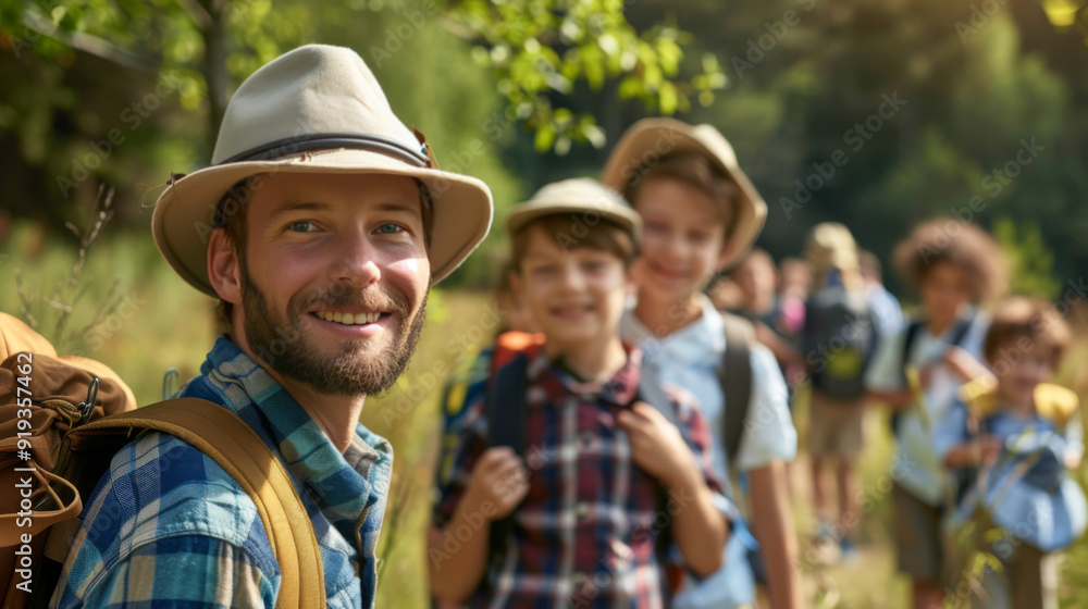 School children exploring nature on a field trip School children exploring nature on a field trip