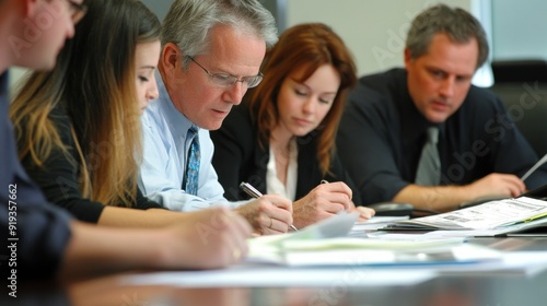 Generate a photo realistic image of managers and employees reviewing workplace safety policies, with policy documents, safety committee meeting, and policy implementation strategies visible