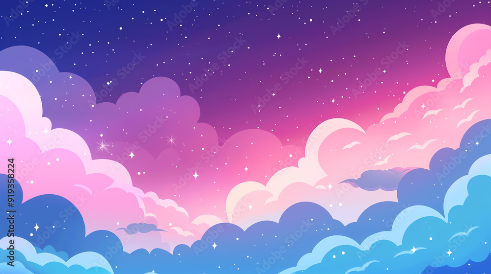 Sunset Sky with Clouds and Stars, Peaceful Flat Color Background Design Sunset Sky with Clouds and Stars, Peaceful Flat Color Background Design