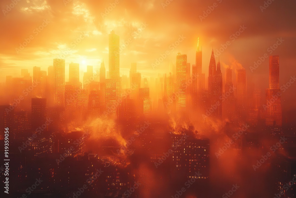 urban heat wave visualization shimmering heat waves rising from sunbaked city streets distorting skyline vibrant orange and red hues dominating emphasizing global warming impact urban heat wave visualization shimmering heat waves rising from sunbaked city streets distorting skyline vibrant orange and red hues dominating emphasizing global warming impact