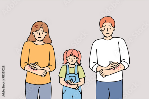 Itchy family suffers from allergies and itching problems after using contaminated clothing. Itching caused by lice in girl and parents who need tablets that kill infection and restore immunity