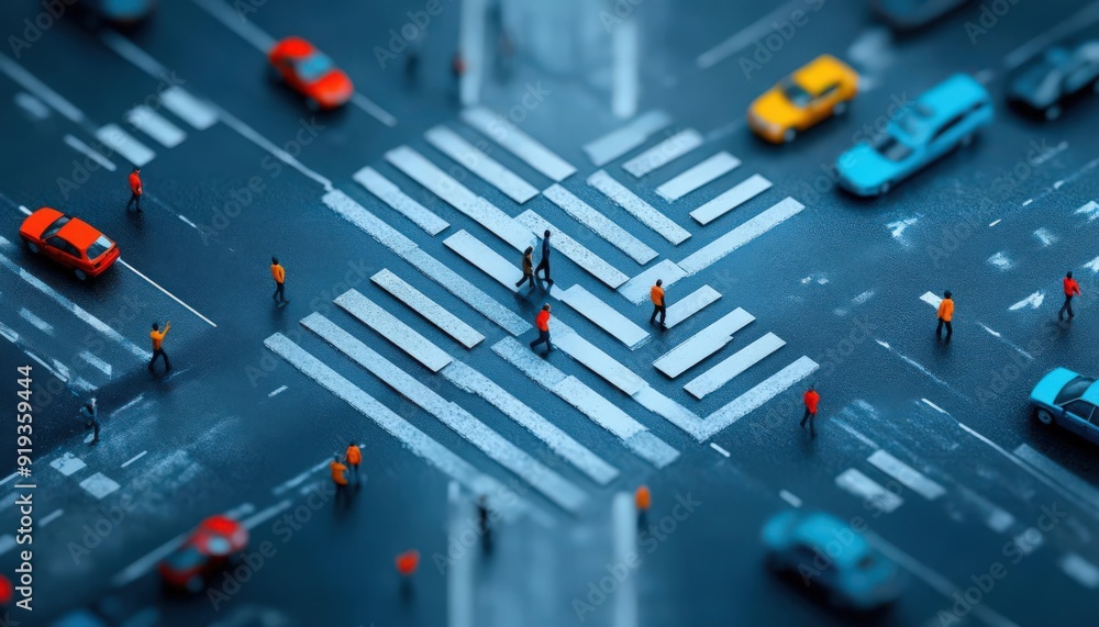 Aerial view of a busy city intersection with colorful cars and pedestrians crossing the street. Aerial view of a busy city intersection with colorful cars and pedestrians crossing the street.