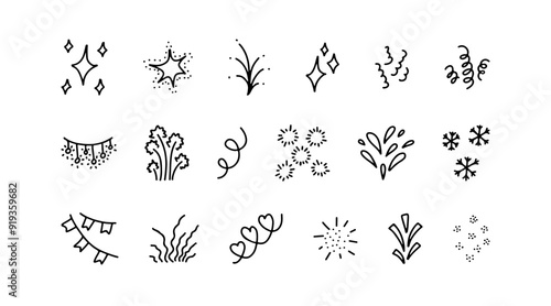 Decoration shiny light elements, line hand drawn doodle set. Abstract festive sketch for celebration holiday, birthday, Christmas, party. Decorative scribble star, firework, flash. Vector illustration