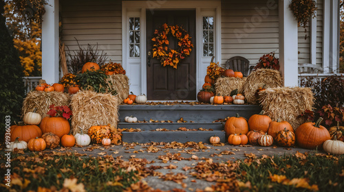 Cozy Autumn Porch with Pumpkins and Hay Bales in Warm Fall Decor